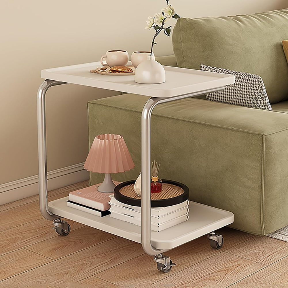 C Shaped End Table with Wheel TV Tray Sofa Table Metal Frame Waterproof Top M...