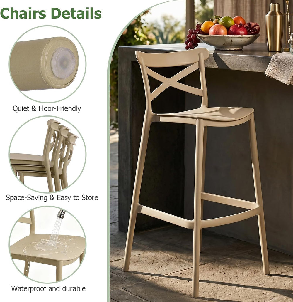 30" Plastic Outdoor Bar Stools Set of 8, Stackable, Camel
