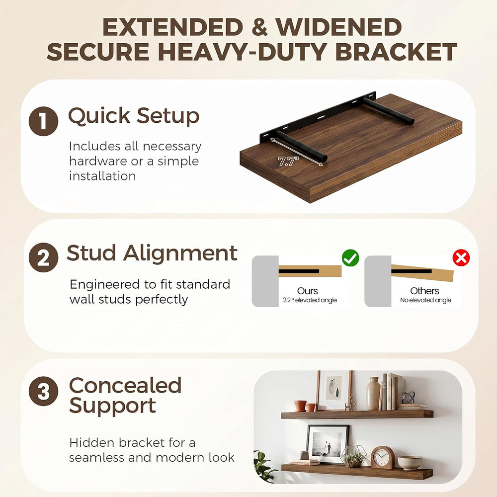 Fun Memories Deep Floating Shelves, 32W x 12D Walnut Wall Shelves, 32 Long Ru...