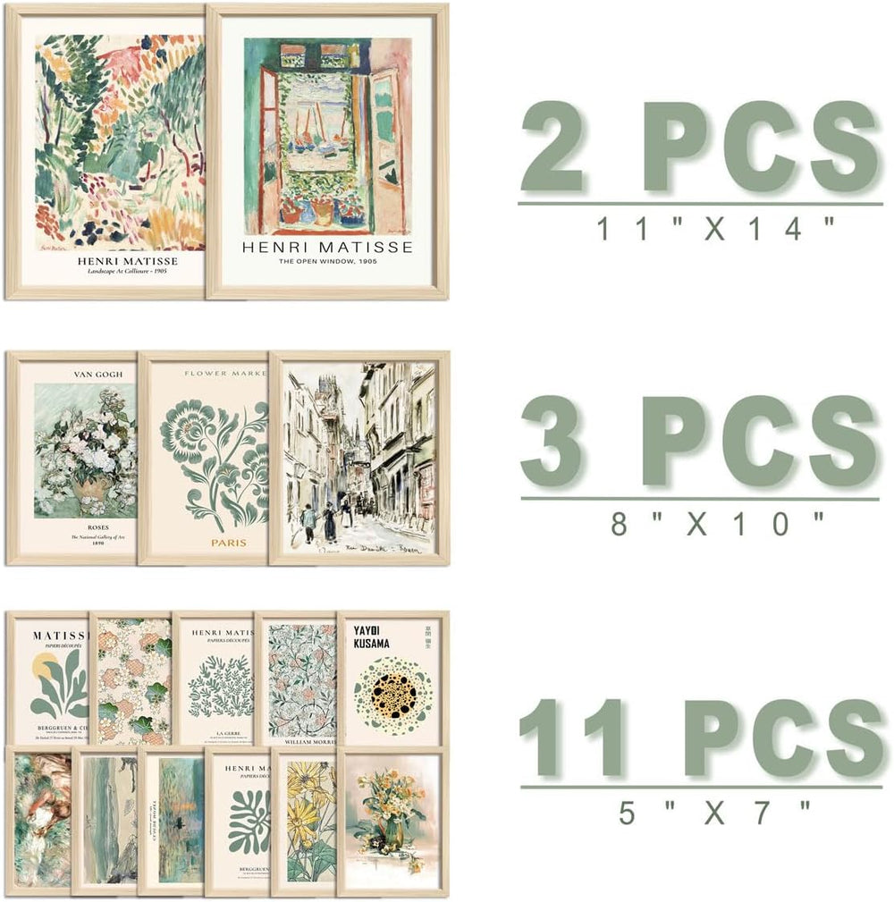 ANERZA 16 PCS Framed Sage Green Wall Art Decor, Matisse Wall Prints for Bedro...