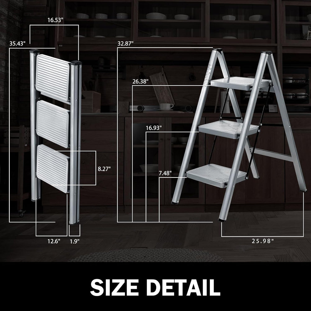 3 Step Ladder, Steel Folding Step Stool with 330lbs Heavy Duty