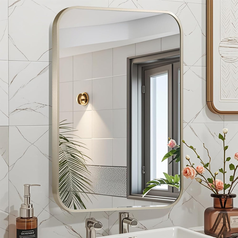 24x36 Inch Brushed Nickel Bathroom Mirror, Framed Rectangle Mirror with Round...