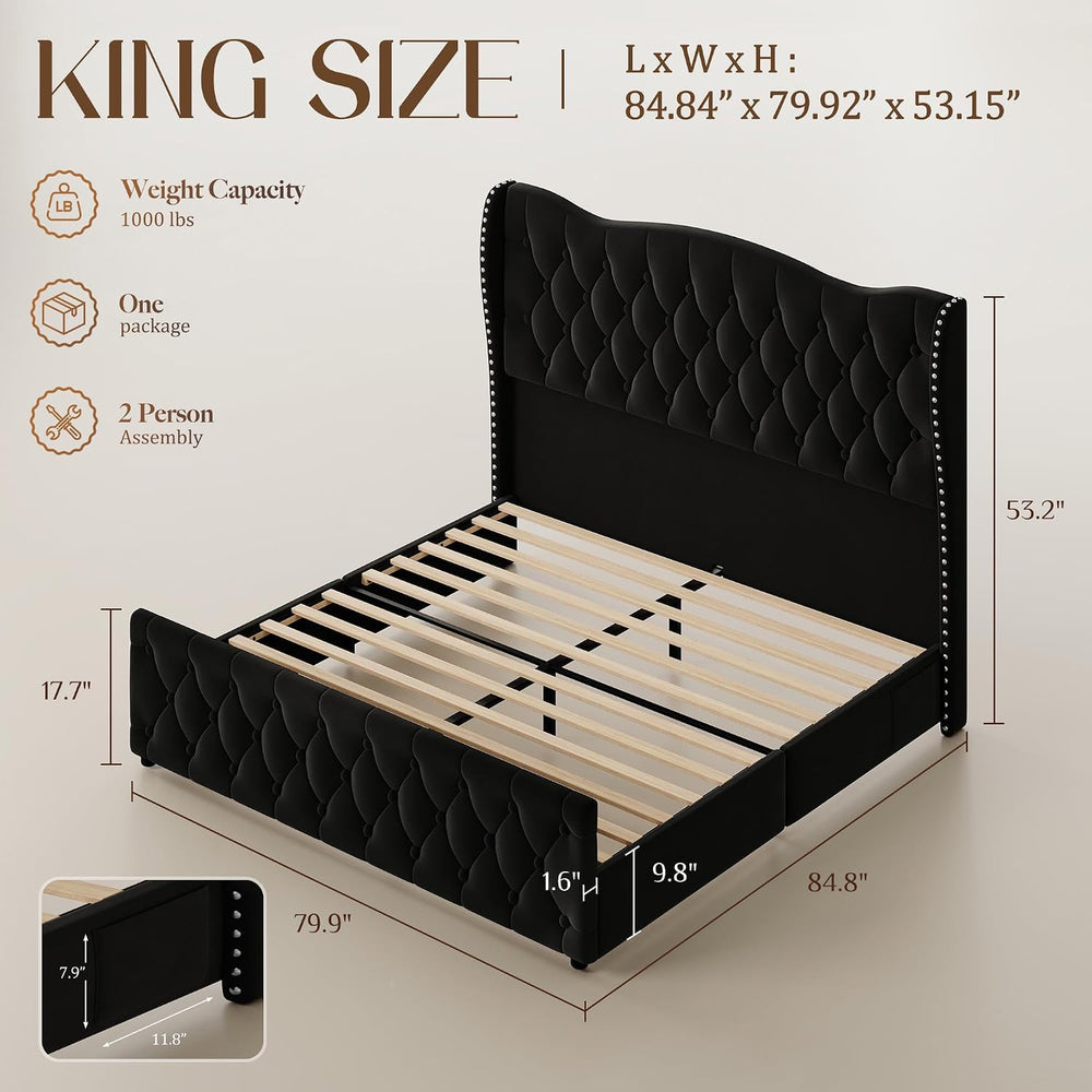 King Size Bed Frame with 53.15" High Crown Headboard, Black