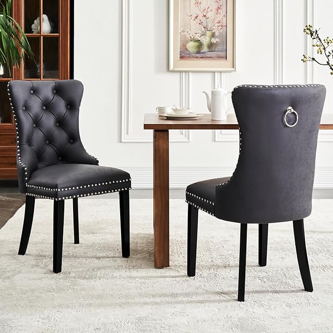 Leather Dining Chair Set of 4, Dining Room Chairs with Nailhead Ring Pull Tri...