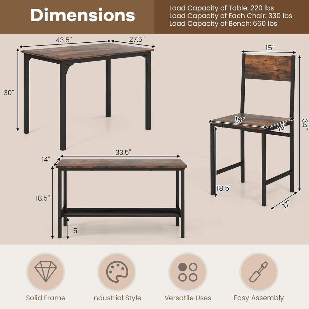 NAFORT Small Dining Table Set for 4 with Bench, Industrial Kitchen Table and ...