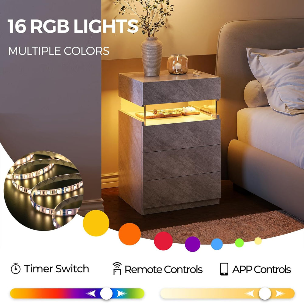Bingoday Gray LED Night Stand Set 2 with 4 Drawers Modern Bedside Table | Nig...