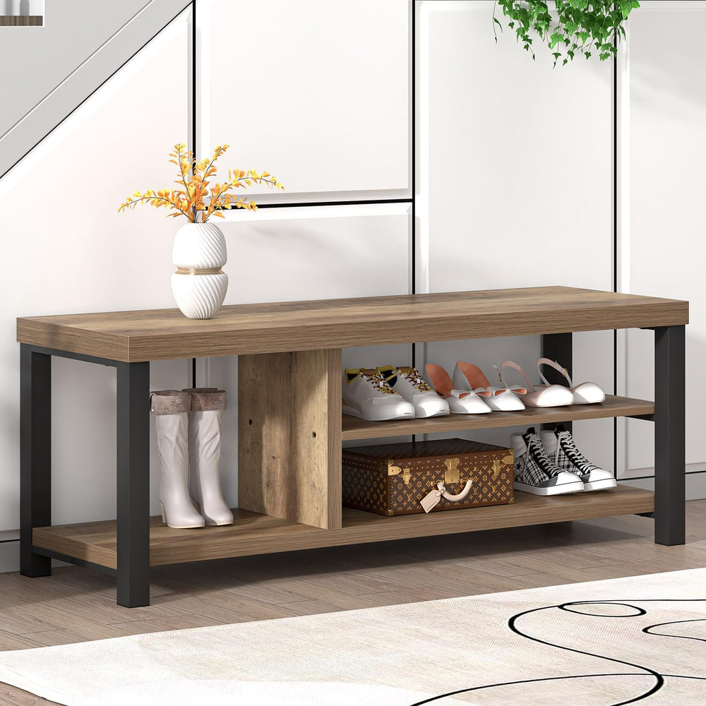 FOLUBAN Shoe Bench for Entryway, Wood and Metal Indoor Bench with Shoe Storag...