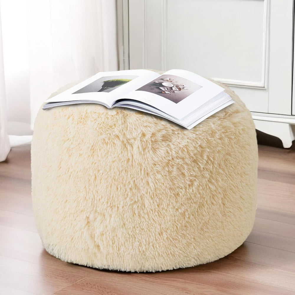 HIGOGOGO Round Stuffed Pouf Ottoman, Long Faux Fur Poufs with Foam Chunk Fill...