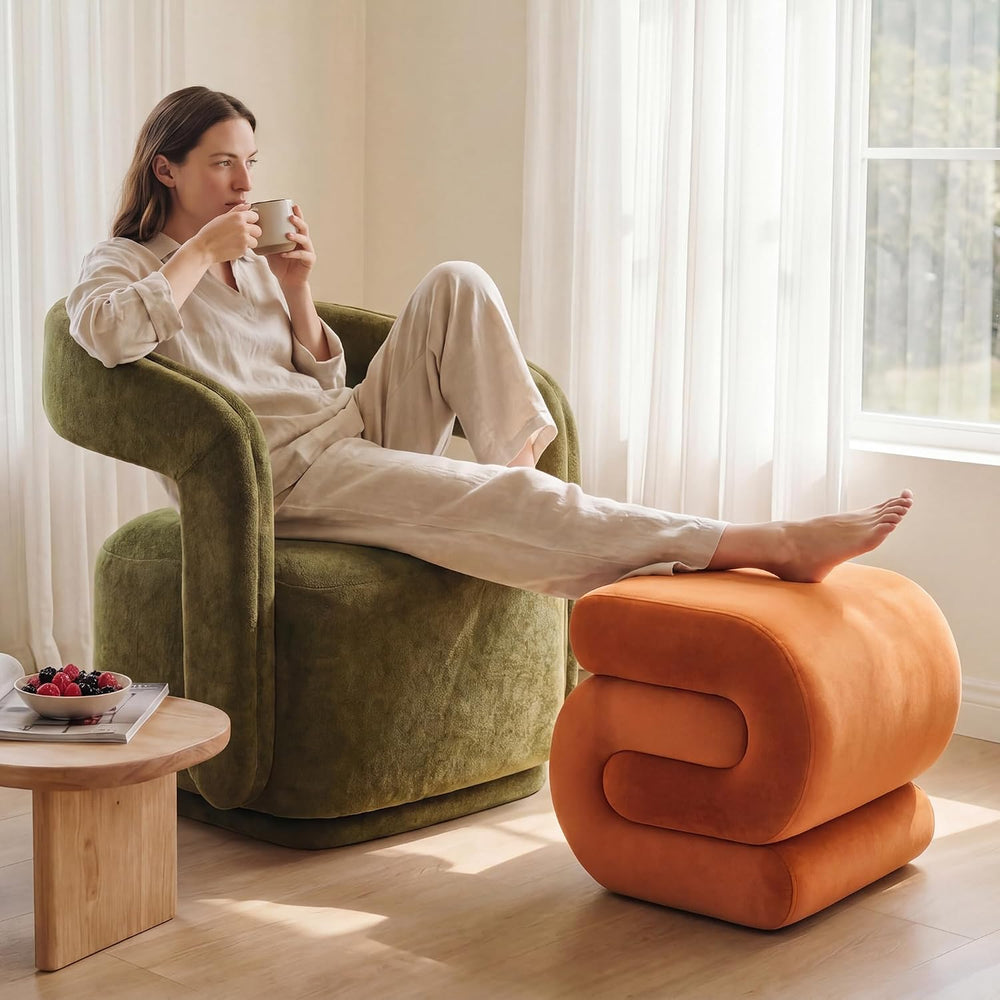 FOXHUNTER S Shape Modern Pouf Ottoman Vanity Stool, Velvet Orange | Footstool...