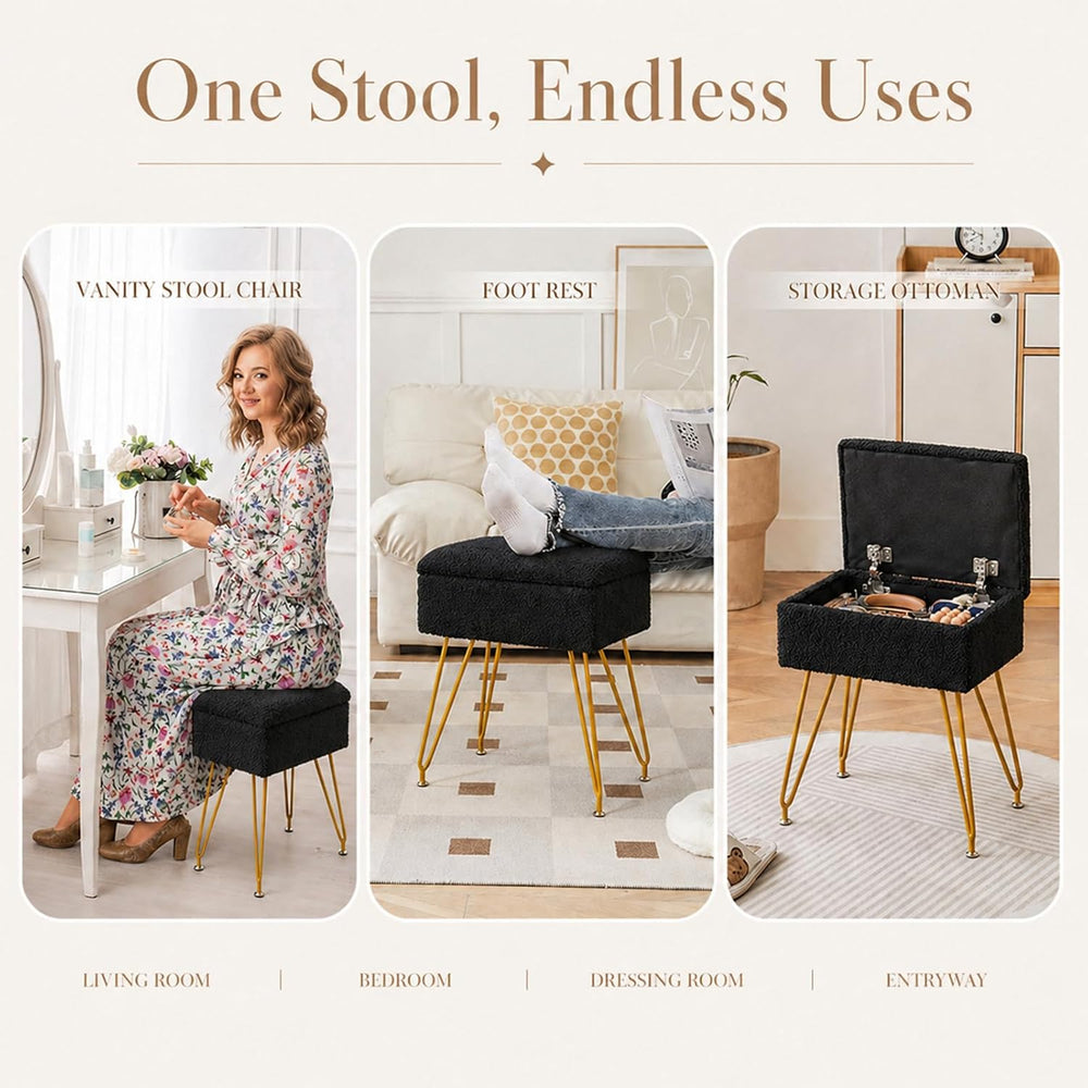 Alessing Vanity Stool Chair Ottoman with Storage, Sherpa Vanity Chair for Mak...