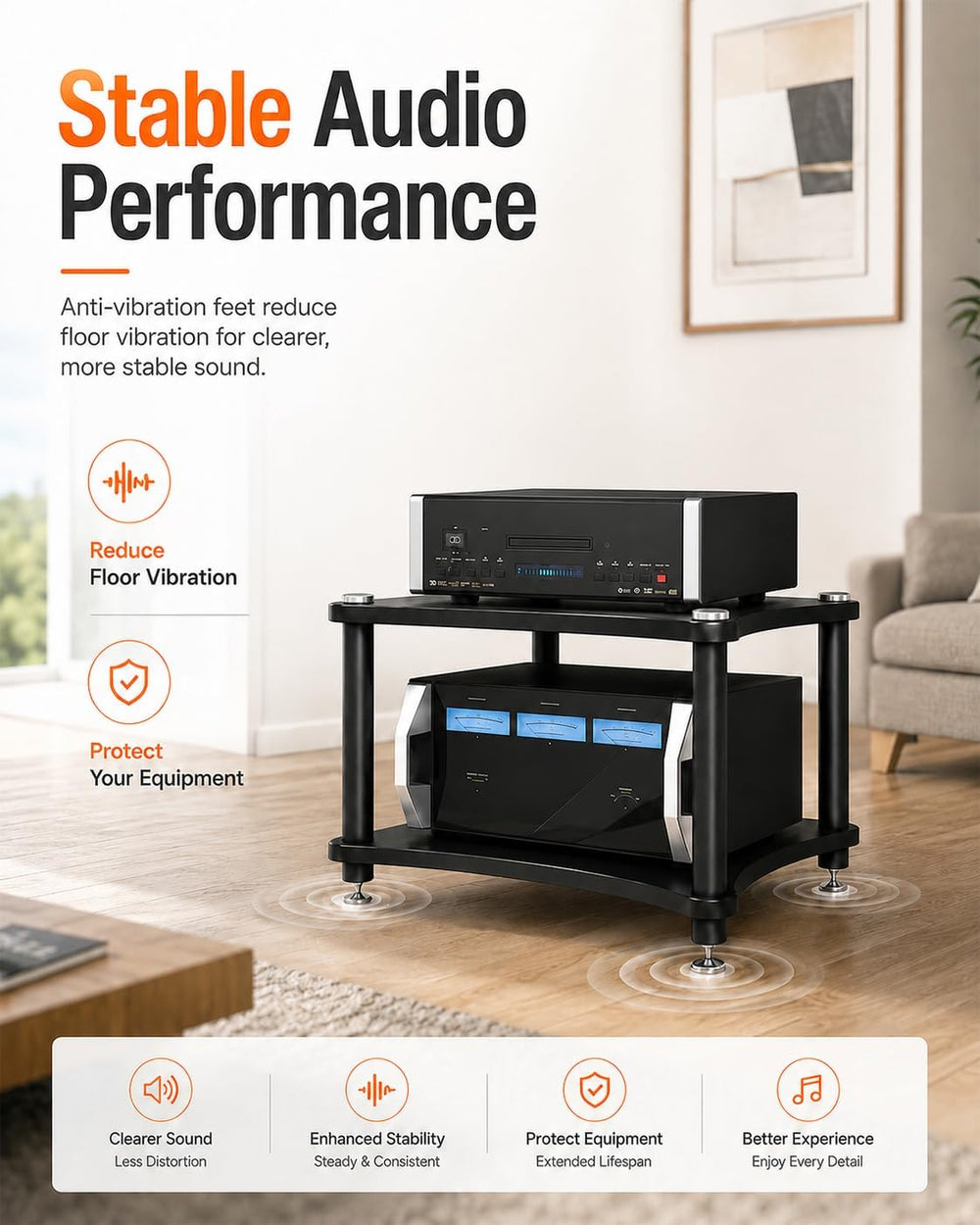 Heavy Duty 2-Tier AV Media Stand, 176 lb Load Capacity, Black | anti-vibratio...