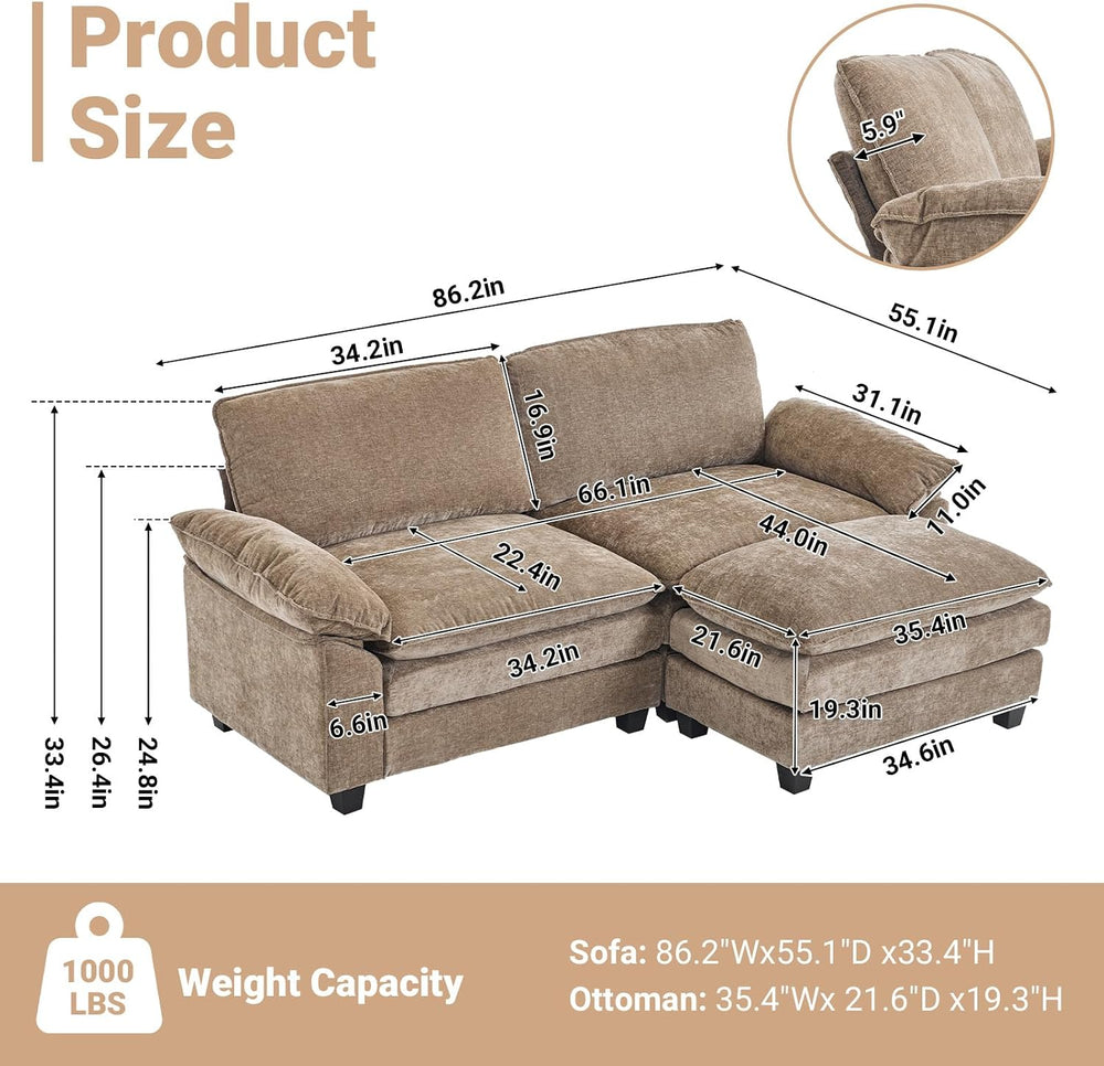 VINGLI 87" Convertible Sectional Loveseat Sofa with Deep Seat &Movab...
