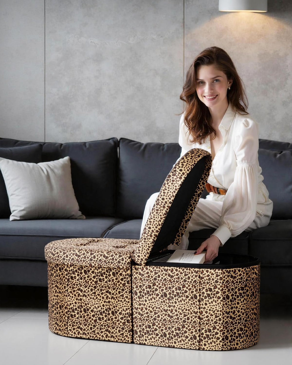 AmasSmile Oval Ottoman Storage Bench,34" Leather Folding Chest,Leopard |...