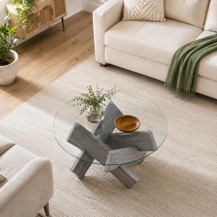 Round Glass Top Coffee Tables, 33.4 Inch Gray Coffee Table with Crossed Legs, Modern Mid Century Round Coffee Tables for Living Room, Circle Glass Coffee Tables for Living Room