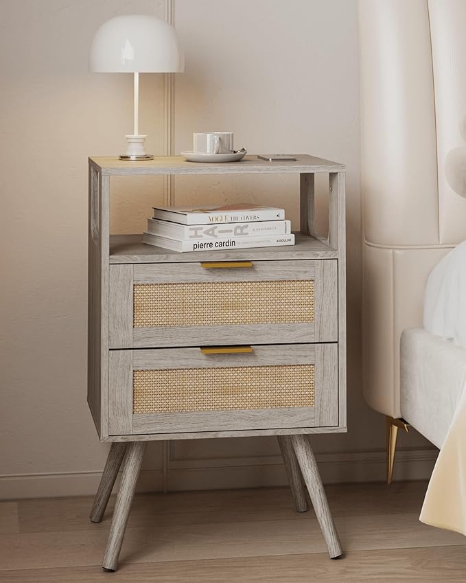 Rattan Nightstand,Farmhouse Bedside Table with 2 Storage Drawer and Open Wood...