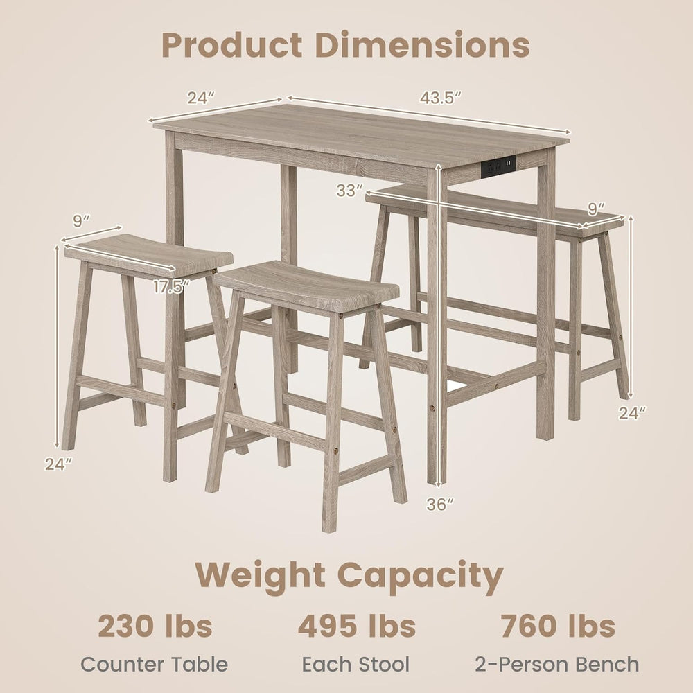 Giantex 4-Piece Counter Height Dining Table Set with Power Outlet, Solid Rubb...