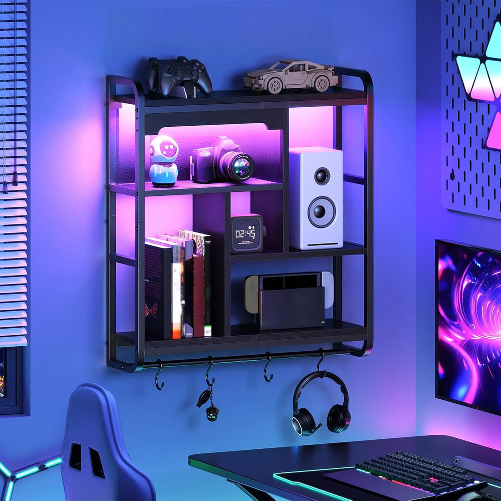HOOBRO Gaming Floating Shelves for Wall, 26.4" LED Wall Shelf Display Rack