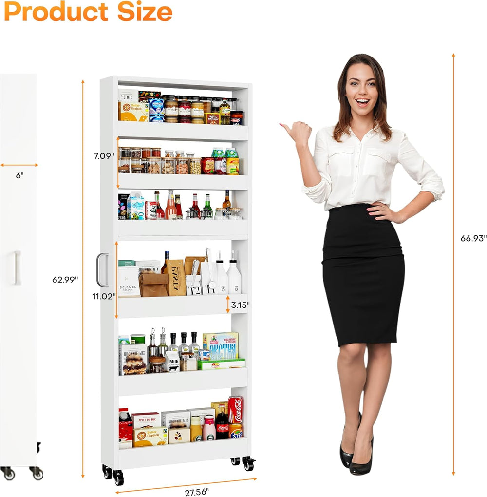 Slim Storage Cart, Lightweight 6 Tier Metal Rolling Utility Kitchen Cart on W...