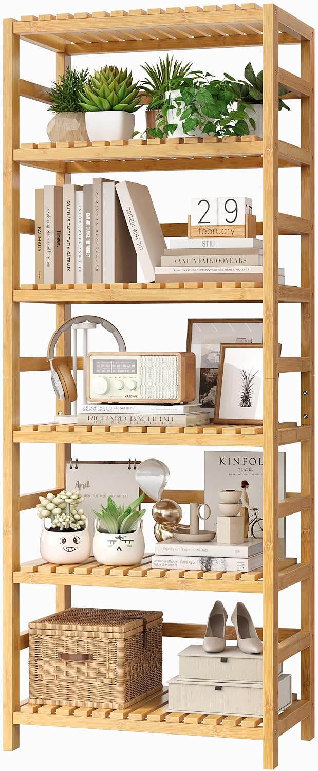 FOTOSOK 6-Tier Bamboo Shelf with Adjustable Shelves, Bamboo Kitchen Cabinet