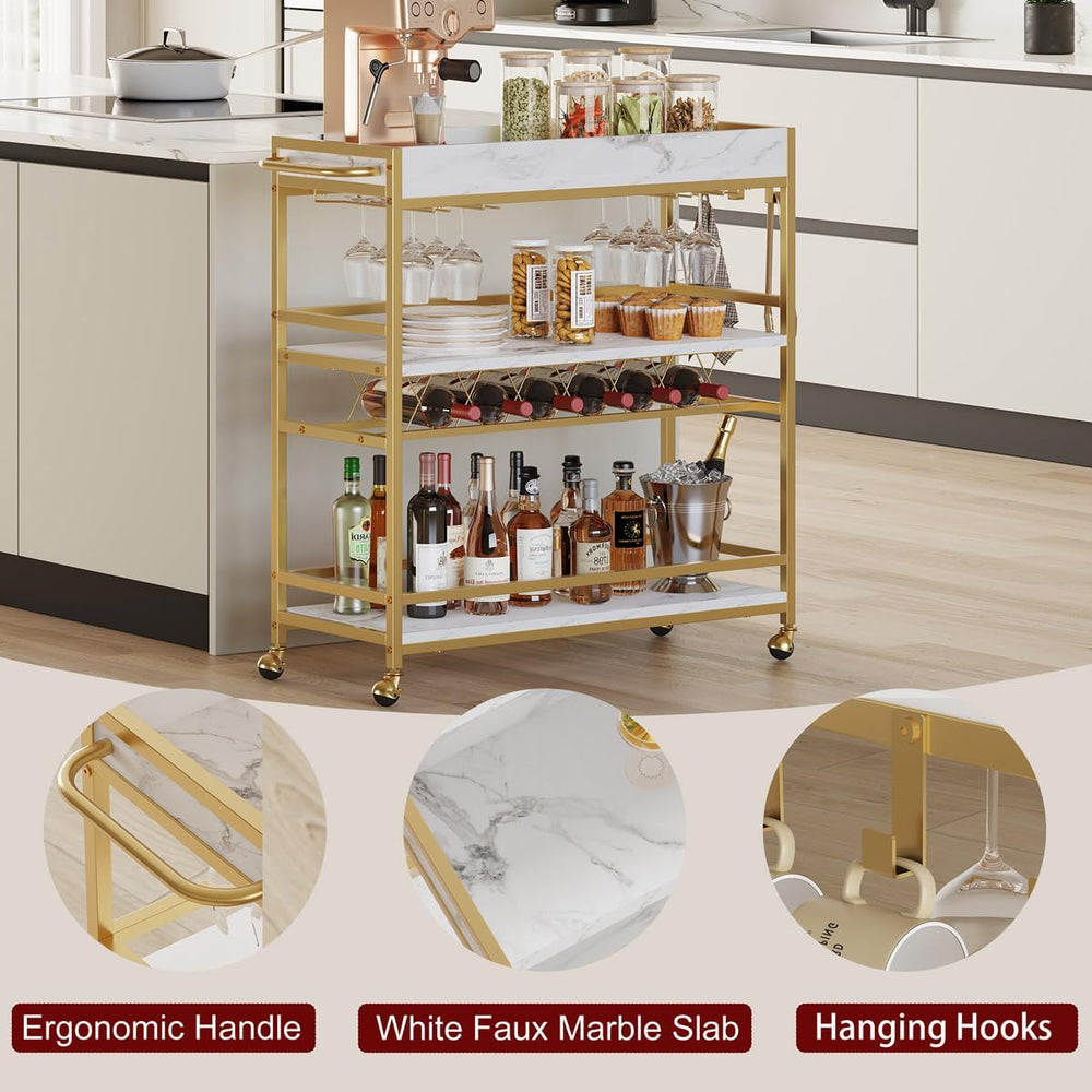 BON AUGURE Gold Bar Cart on Wheels for Home with Wine Rack & Glass Holder...