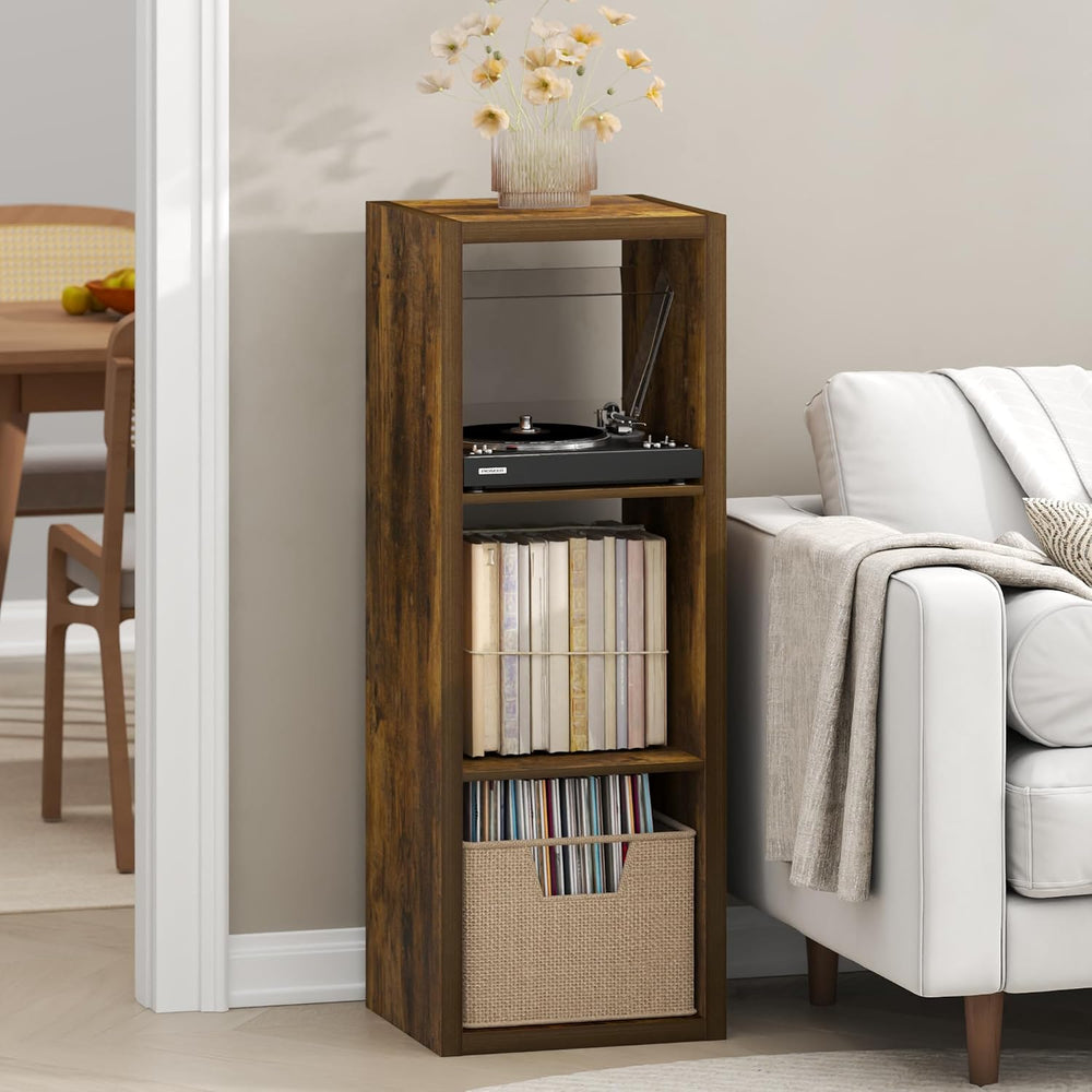 Furinno Cubicle Record Player Stand, 3-Cube Record Storage, Amber Pine