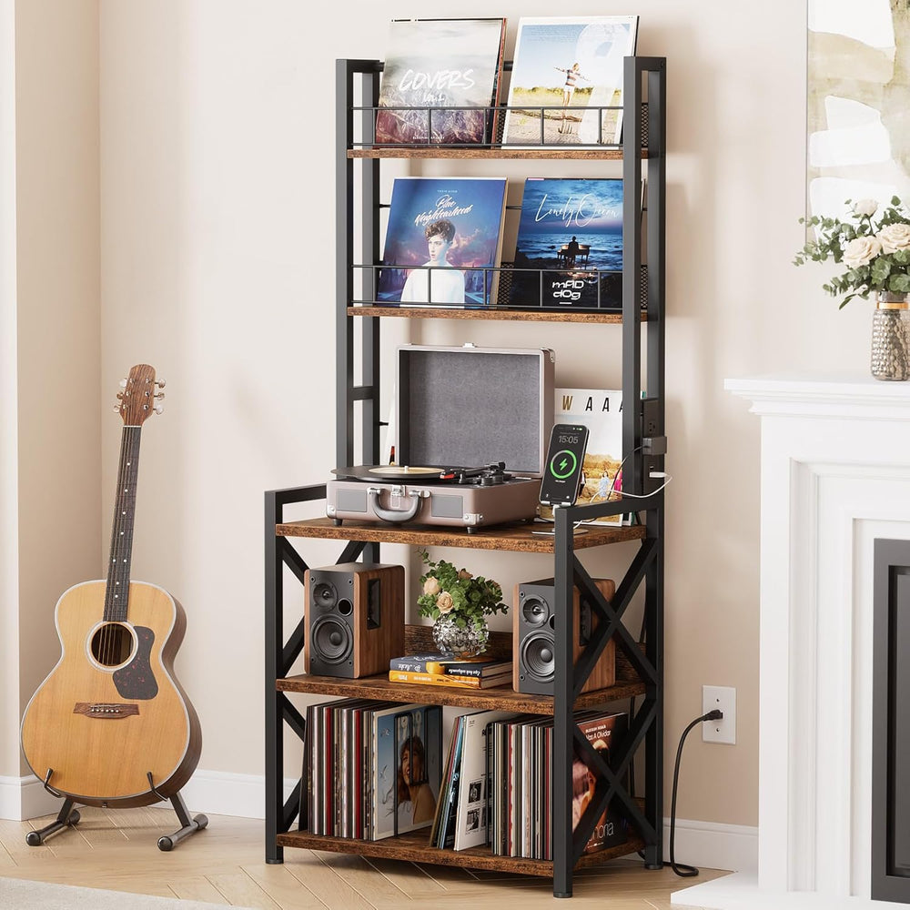Record Player Stand with Power Outlet - Turntable Display Shelf | 5-tier Viny...