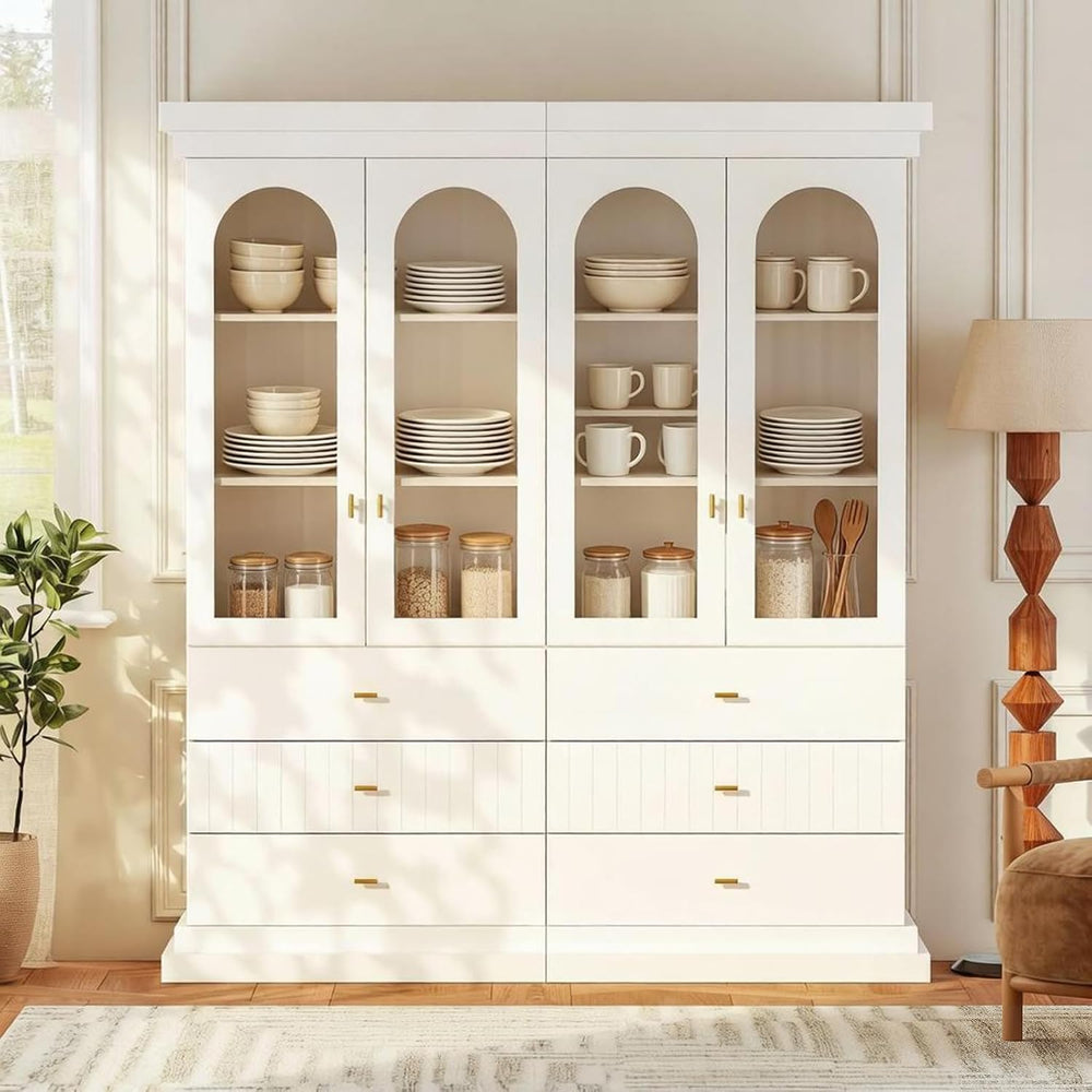 Vyre 71" Arched Kitchen Cabinet, Double Glass Door Display and Storage C...