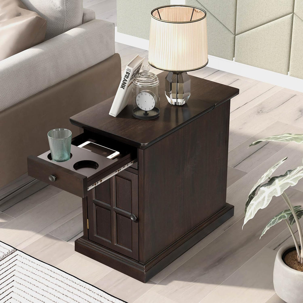 Traditional Narrow End Table with Charging Station, Antique Espresso Wood Sid...