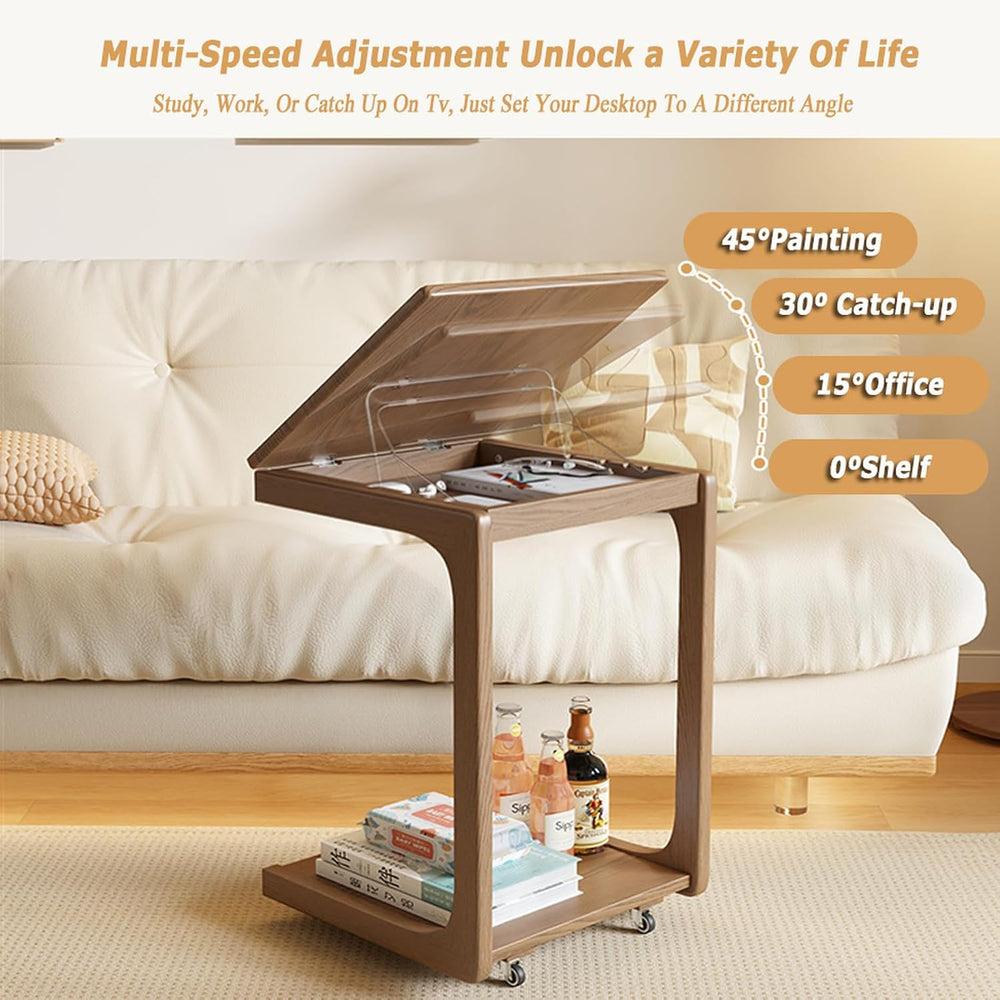 C Shaped Adjustable Solid Wood TV Tray Table with Wheels - Removable Side Tab...