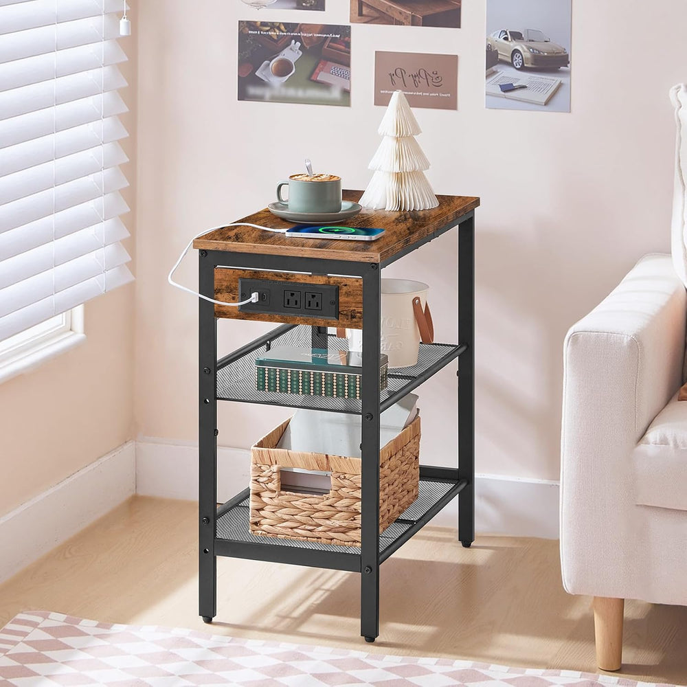 HOOBRO End Table, 3-Tier Narrow Side Table with Charging Station, Nightstand ...