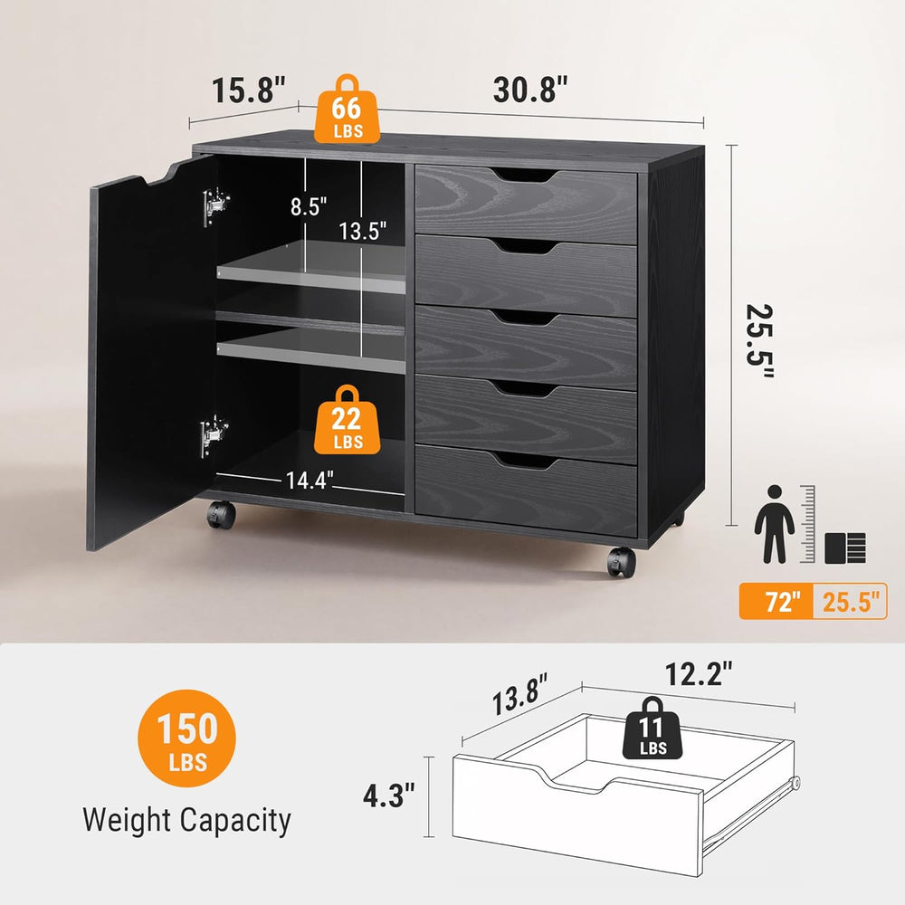 DEVAISE 5-Drawer Wood Drawer Cabinet, Office Storage Cabinet, Black | Craft S...