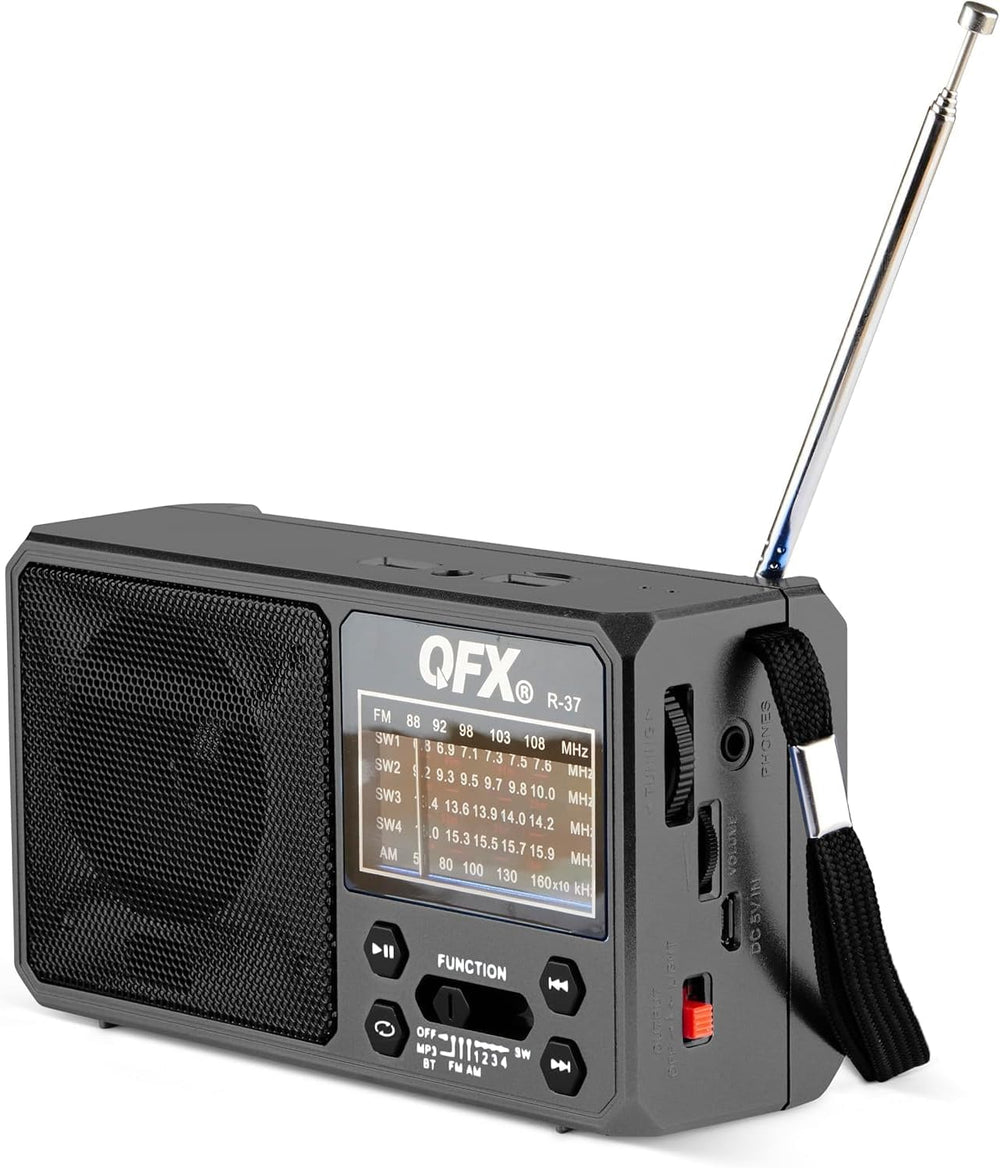 QFX R-37 6-Band (AM, FM, SW1 - SW4) Bluetooth LED Flashlight Solar Radio (202...