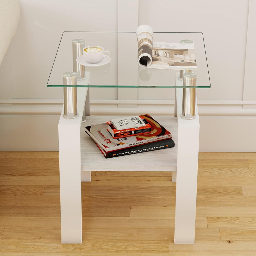 2-piece Set Modern Tempered Glass Side Table, Small Glass Top End Table, Squa...