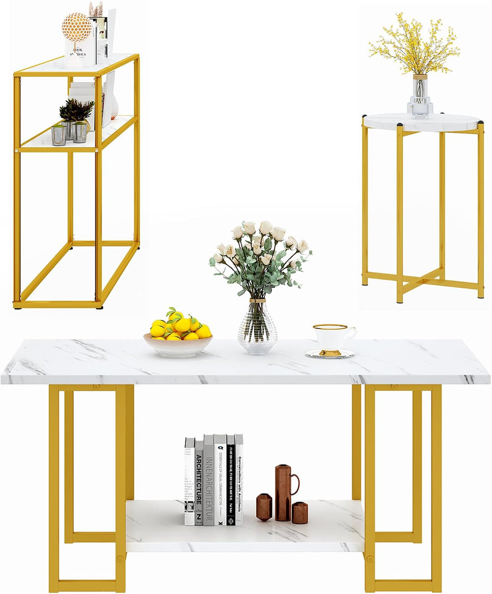 AWQM 3pcs Living Room Table Set, Faux Marble White Coffee Table & 3-Tier ...