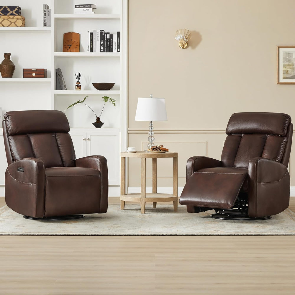 CHITA Genuine Leather Power Recliner Chair, Swivel Rocker, Cognac Brown | Ele...