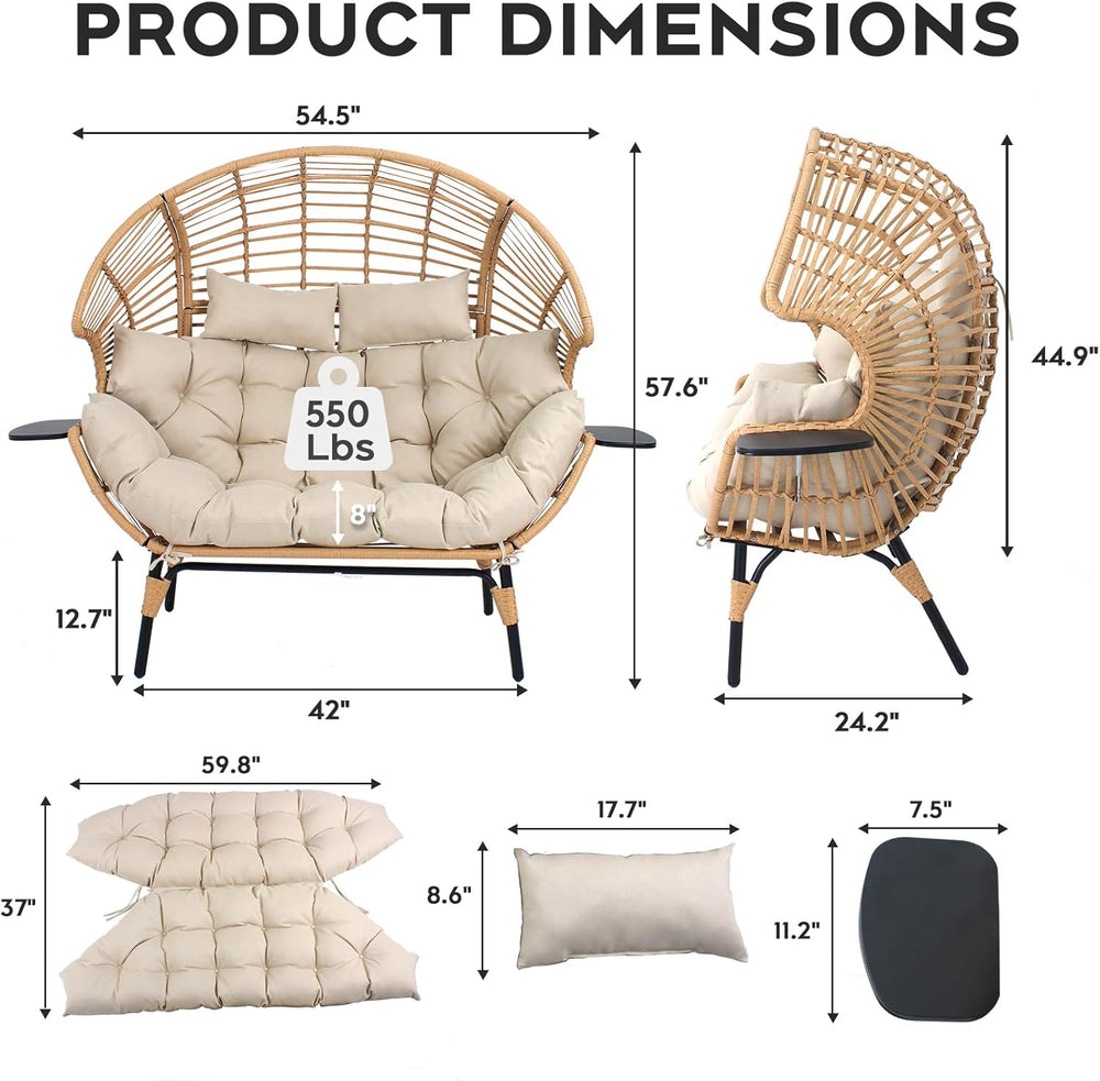 Double Wicker Egg Chair Outdoor Indoor - 2-Person Oversized Loveseat with 8&q...