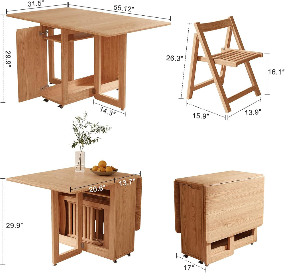 AnywaysWood Folding Dining Table with 4 Foldable Chairs Set, Space Saving Ext...