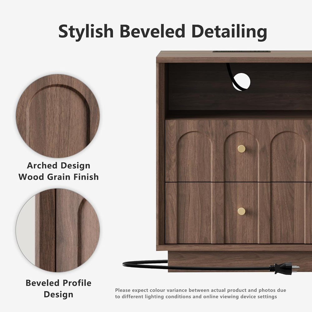 FORTUNETEC 17.7" Nightstand with Charging Station, Arched Design, Walnut