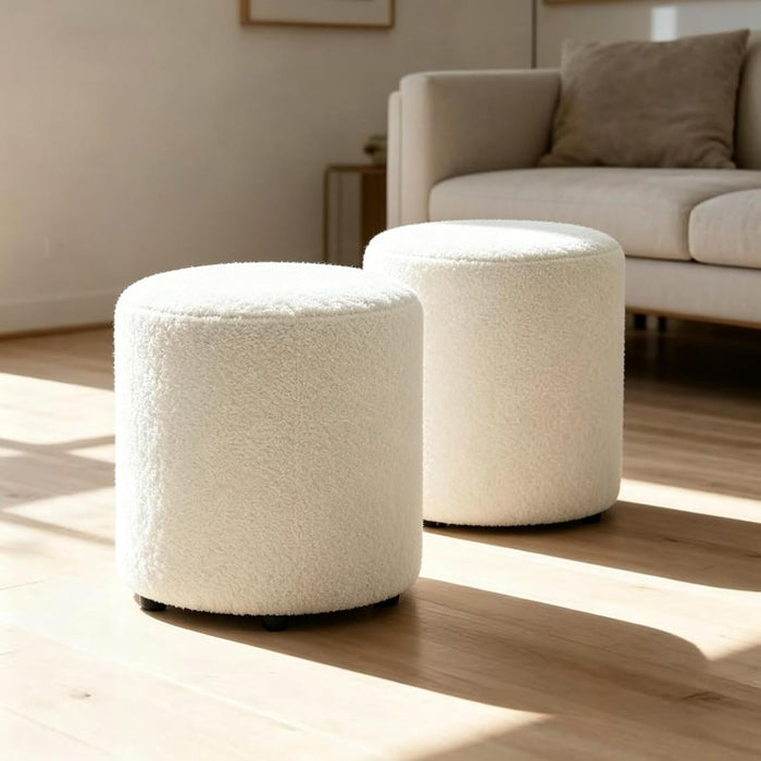 YDcosyfy Modern Round Ottoman Set of 2, Teddy Fleece Vanity Stool Footrest, Upholstered Stool for Makeup, Bedroom, Living Room, White