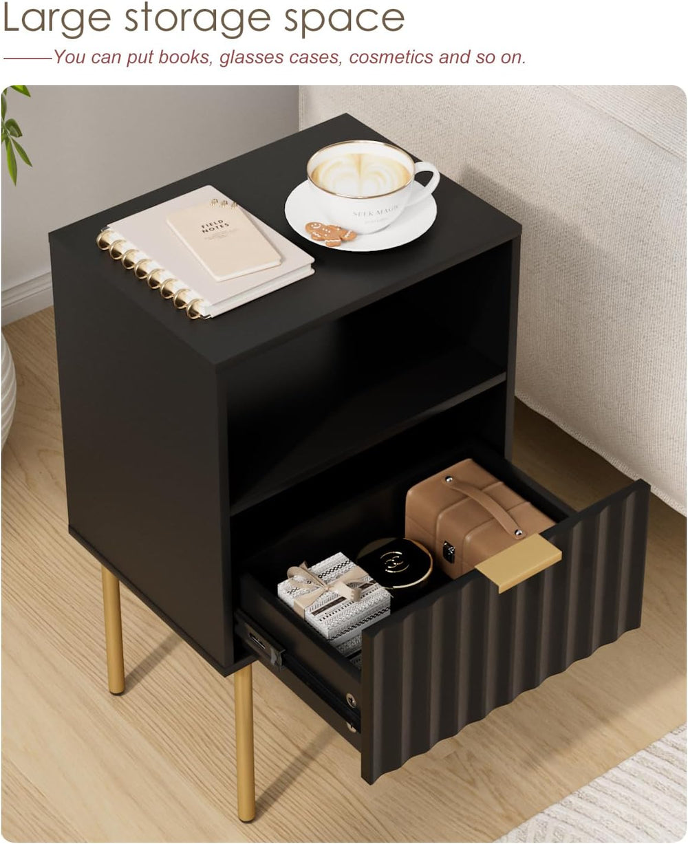 Nightstand,Modern Bedside Table with Gold Frame,White Night Stand,Bedside Fur...