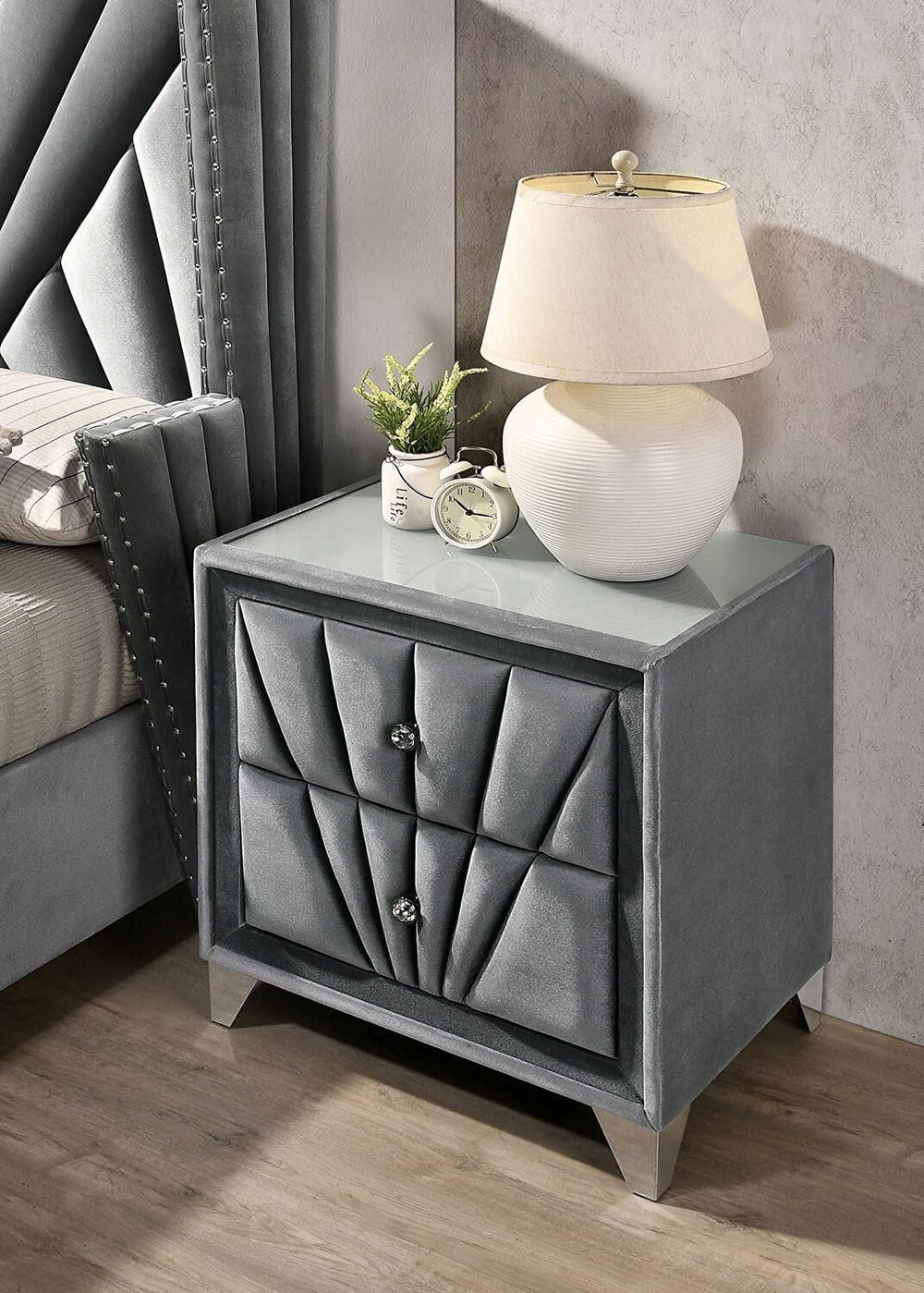 Fabric Upholstered Nightstand with 2 Drawers, Gray,for Small Spaces