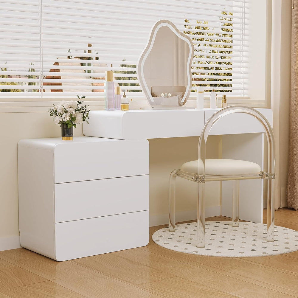 White Vanity Makeup Desk with Mirror and Lights, Vanity Desk with Acrylic Cha...