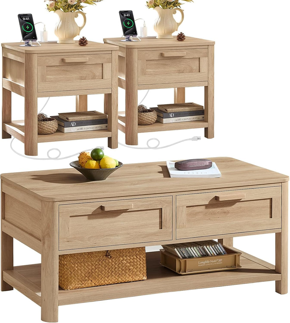 Joaxswe Farmhouse Coffee Table Set of 3, Natural Wood | Livng Room Table Sets...