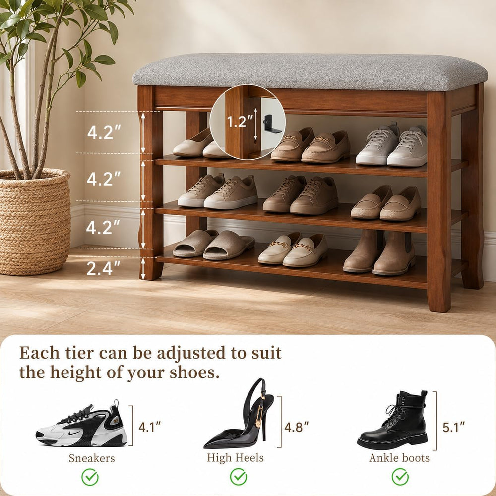 Solid Wood Shoe Bench with Storage, Flip-Top Soft-Close Lid, Adjustable Shelv...