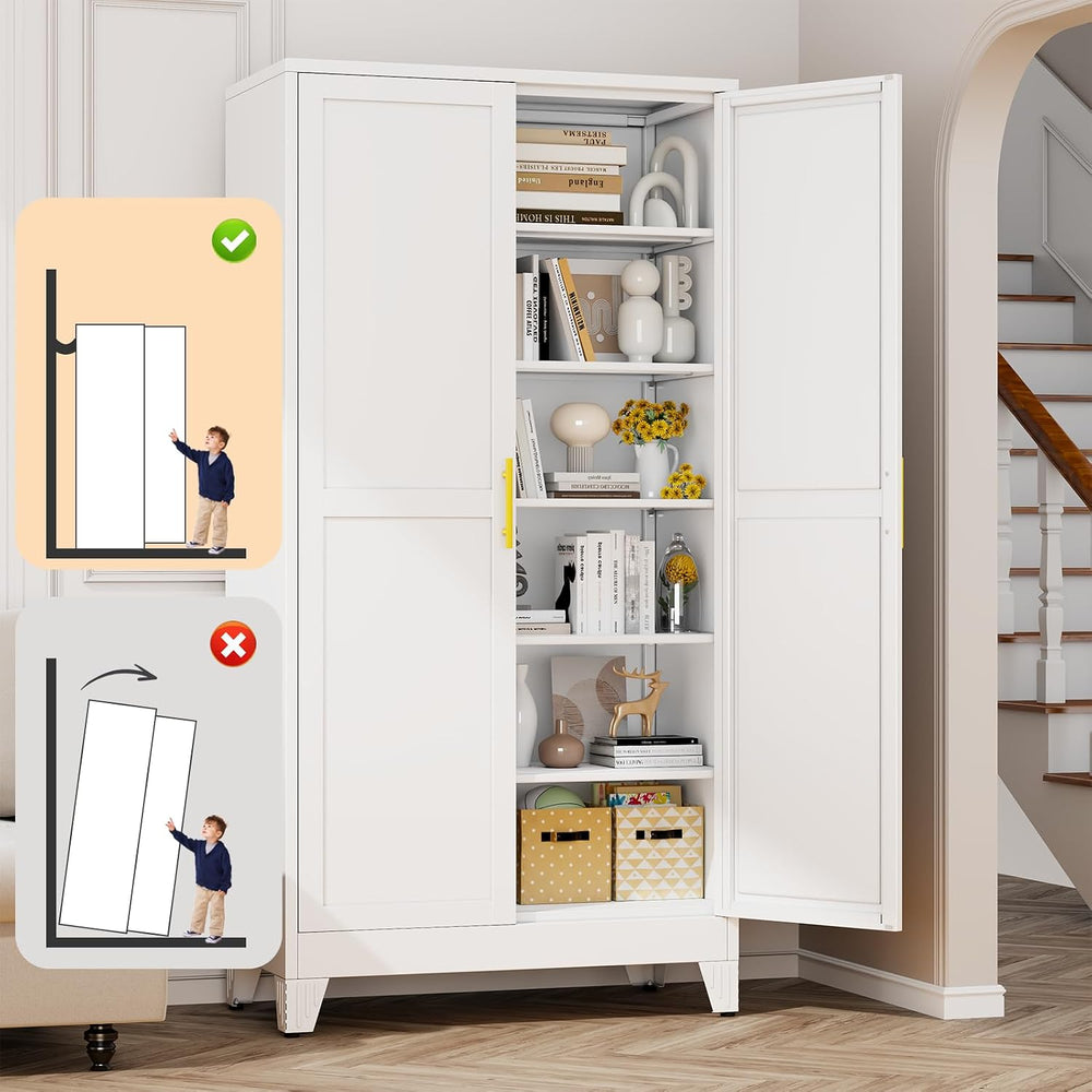 White Metal Storage Cabinet, 79" Kitchen Pantry Cabinets for Office