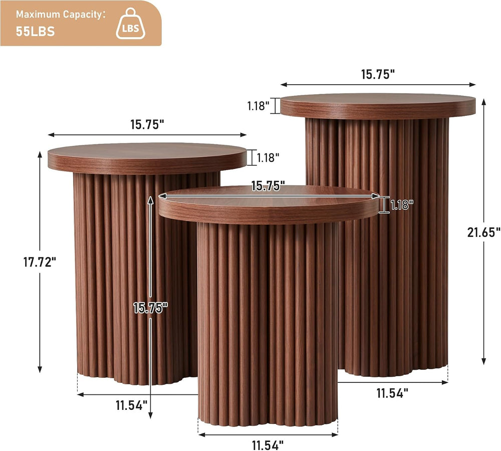 Nesting Coffee Table Set of 3, Fluted Round Nesting Tables Mid Century Modern...