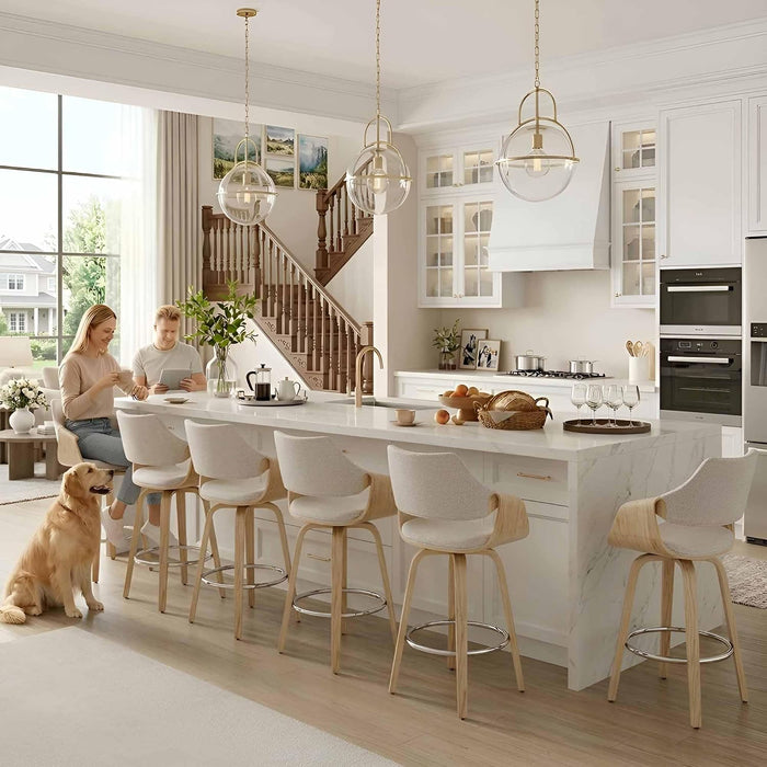 26'' Modern Barrel Swivel Counter Stools Counter Height Swivel Bar Stools with Backs Set of 6, Beige Chenille Upholstered Bar Height stools, Farmhouse Solid Wood Barstools for Kitchen Island, Home Bar