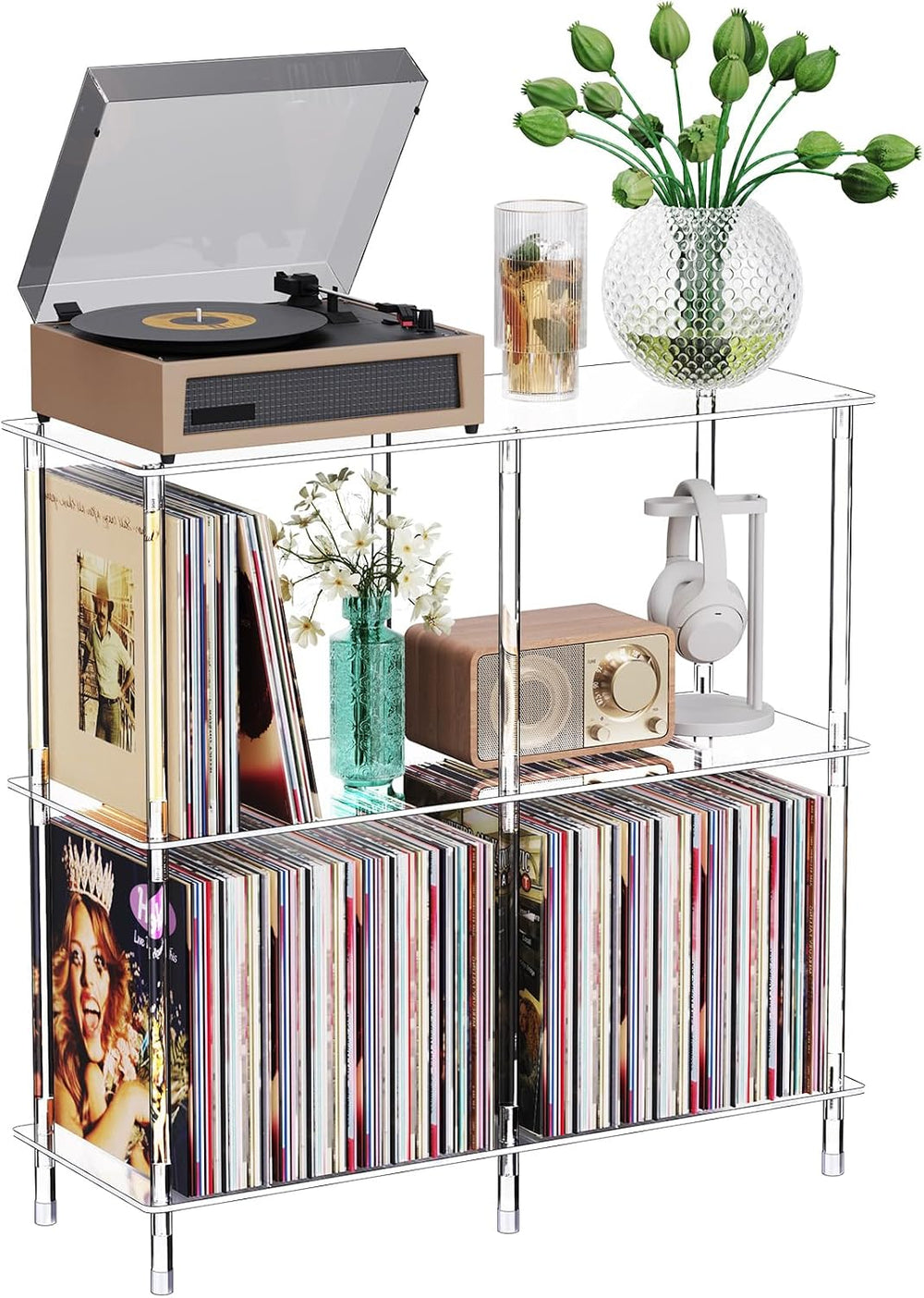 Clear Acrylic Record Player Stand with Vinyl Storage, 31.5" L x 11.8&quo...
