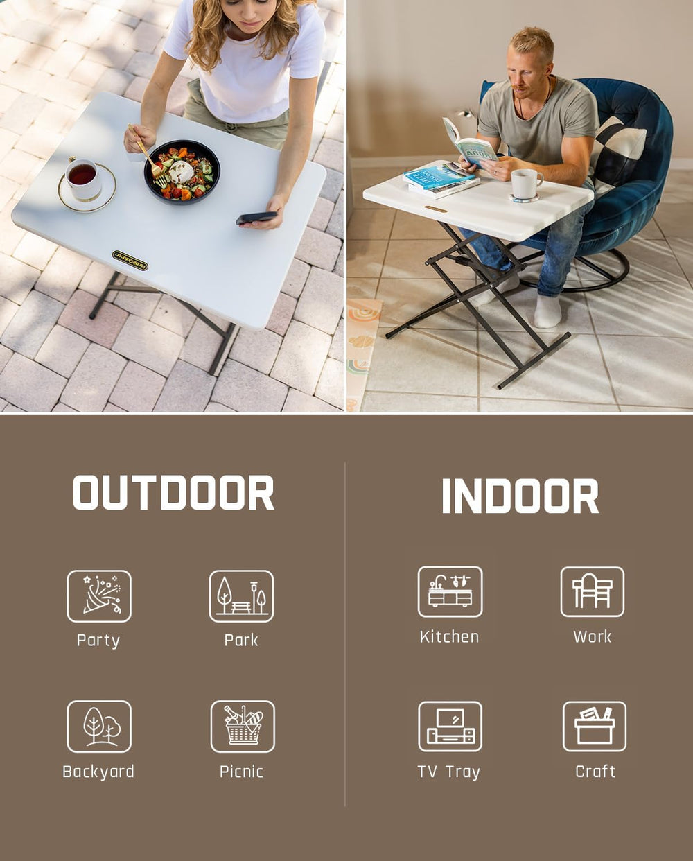 FanttikOutdoor Small Folding Table Quick Adjust 3 Heights, TV Tray, Dining | ...