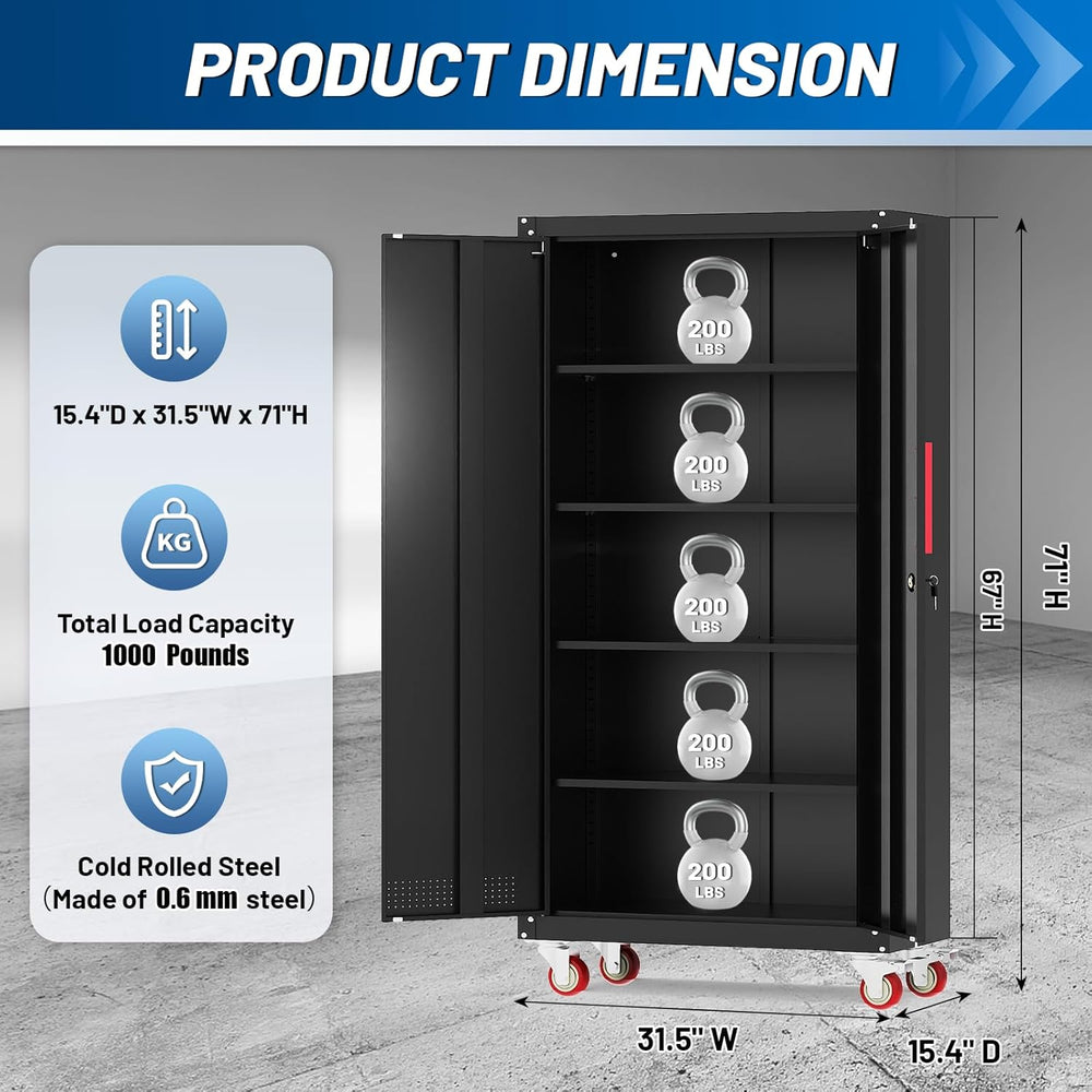 Metal Storage Cabinet with Wheels,71"Garage Cabinets with Lock Door | He...